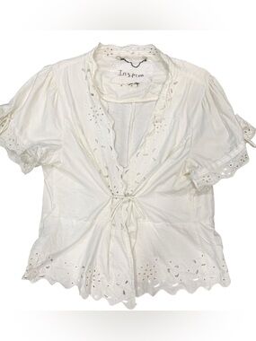 Inspira Cotton Eyelet Tie Front Puff Sleeve Top white Size Small